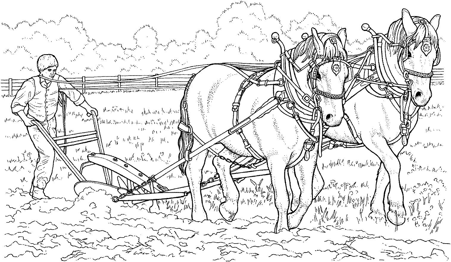Раскраска лошадь запряженная в плуг